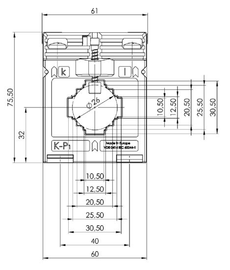 Frontview ASK 31.3 2U  200-100/5A  5-2,5VA  Kl.1